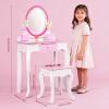 Horoper Kids Vanity Set Floral Printed Wooden Makeup Dressing Princess Table with Mirror and Stool for Girls Bedroom Pink 60x30x103cm view 3