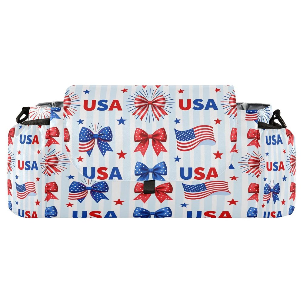 decor gift parent stroller organizer Bow Red White & Blue 4th Of July stroller caddy organizer with cup holder with insulated