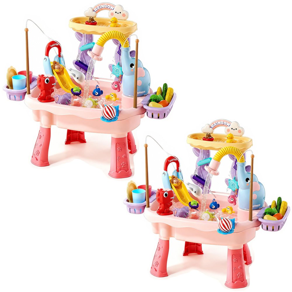 Artmeer Sand and Water Table Playset for Kids, Toddler Water Play Table with Electric Pump Faucet, Play Sink, Fishing Toys, Pink, 2 Pack