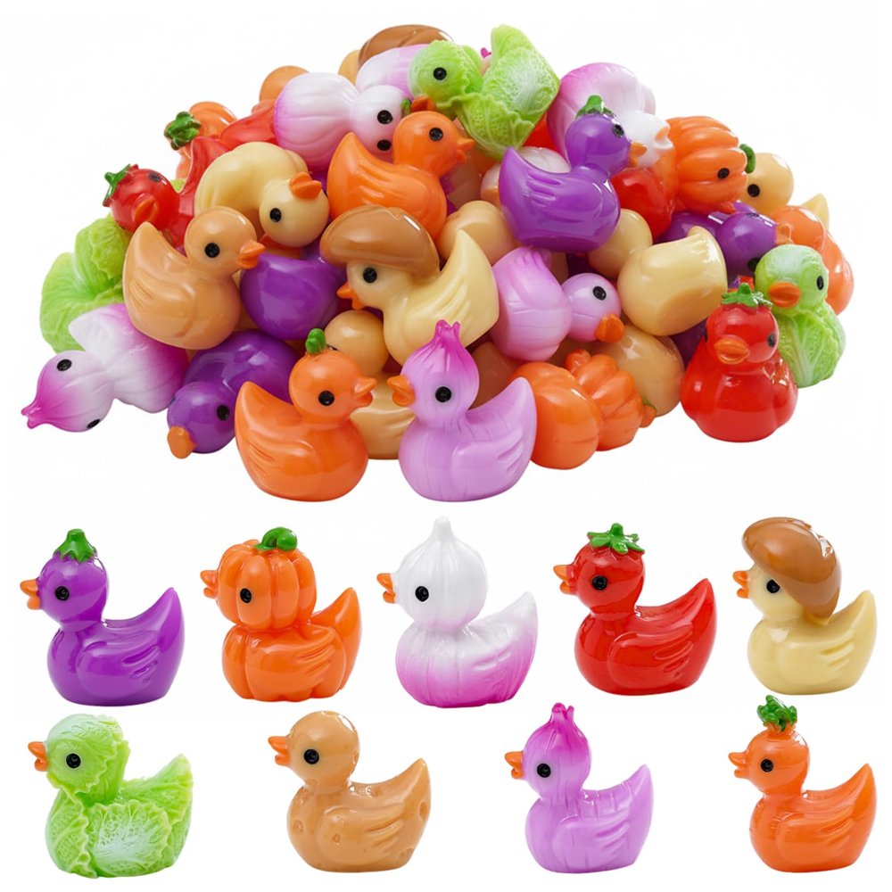 Bemonew 90PCS Mini Resin Ducks, Cute Vegetable-Themed Miniature Ducks Figures for DIY Crafts, Random Mixed Type