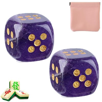 Crystal Mahjong Dice, Mahjong Squeeze Dice Bag, 15mm CrystalDice Polished Energy Stone, Dice Dish Mahjong, Gemstone Mahjong Dice Natural Crystal Clear Set, Lucky Gifts for Board Game Party (Purple*2)