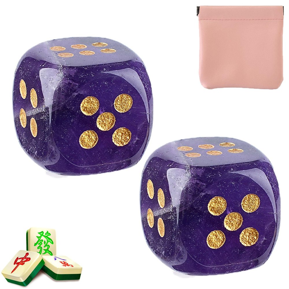 Crystal Mahjong Dice, Mahjong Squeeze Dice Bag, 15mm CrystalDice Polished Energy Stone, Dice Dish Mahjong, Gemstone Mahjong Dice Natural Crystal Clear Set, Lucky Gifts for Board Game Party (Purple*2)