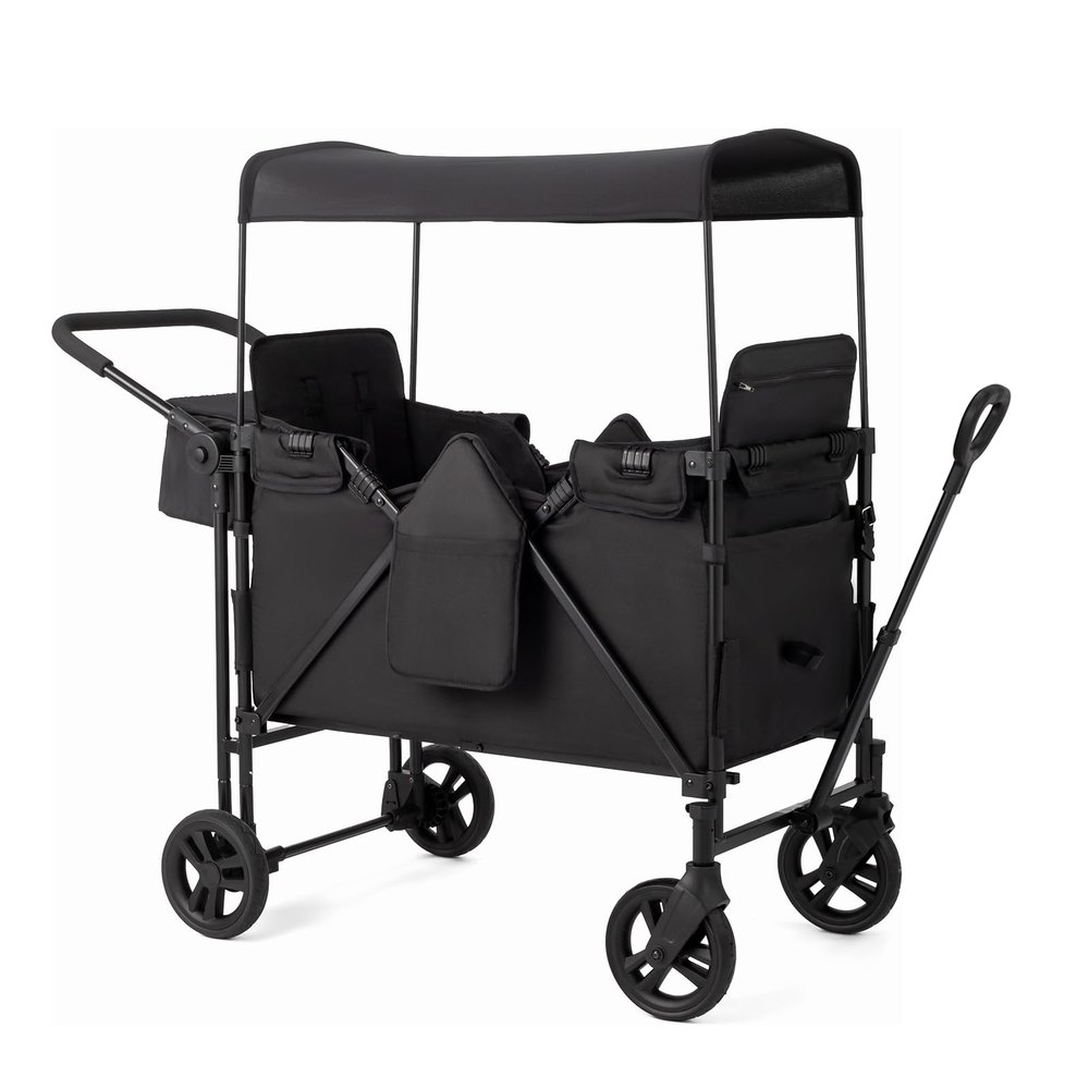 ZTDM Wagon for Kids, Wagon Stroller with 2 Raised High Seat, Removable Canopy, All Terrain Wheels, Foldable, Adjustable Push & Pull Handle, Storage Bag, (Black)