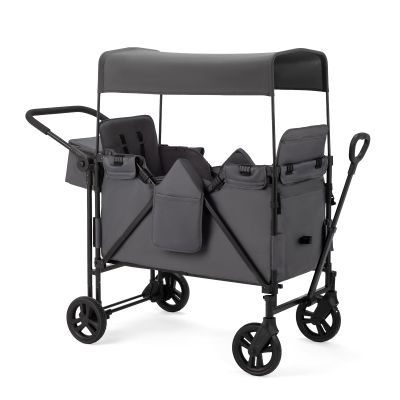 ZTDM Wagon for Kids, Wagon Stroller with 2 Raised High Seat, Removable Canopy, All Terrain Wheels, Foldable, Adjustable Push & Pull Handle, Storage Bag, (Gray)