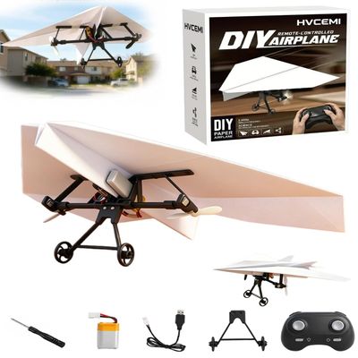 Rc Paper Airplane Motor Kit DIY Model Airplanes Launcher Construction Set with Gyro Stabilizer Dual Propellers Foldable Electric Remote Control Paper Plane Drone Stem Toy Tech Gadgets Gifts(Set 1)