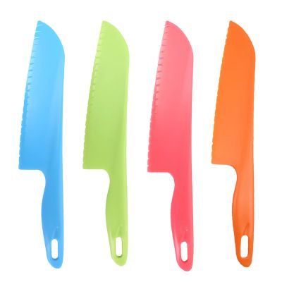 Chewtoyo 4 Pcs Youth Knife Set, Plastic Kitchen Knife with Serrated Edges, Large Size Vegetable Fruit Knife for Cooking, Food Prep, Salad, Little Ones, Montessori Learning, Assorted Colors