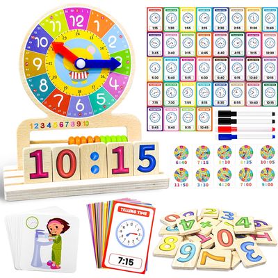Wooden Teaching Clocks for Kids, Analog Clock Time Learning Activity Toy