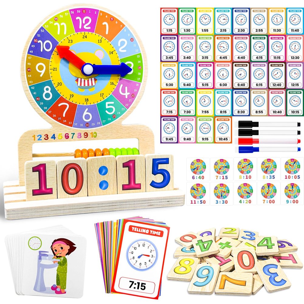 Wooden Teaching Clocks for Kids, Analog Clock Time Learning Activity Toy