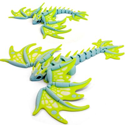 3D Printed Dragon with Movable Wings, 7" Flexible Articulated Dragon Figure - Bendable Fidget Toy for Stress Relief & Anxiety, Cool Desk Decor for Office Home (Blue-Green)