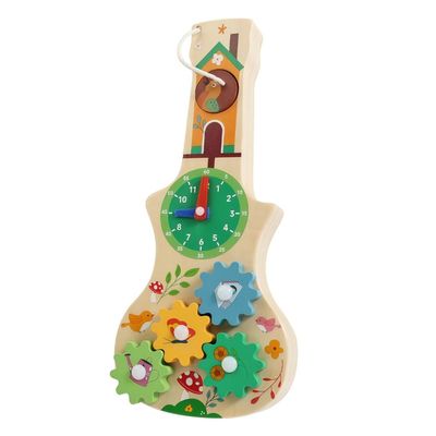ZQsmgs Wooden Busy Guitar Activity Board, Multi-Functional Educational Toy with Gears and Clock