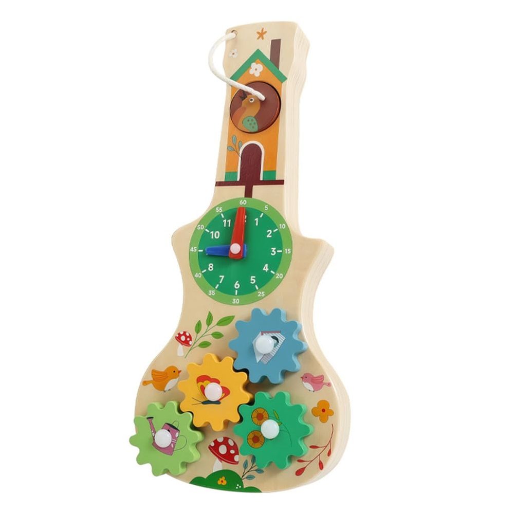 ZQsmgs Wooden Busy Guitar Activity Board, Multi-Functional Educational Toy with Gears and Clock
