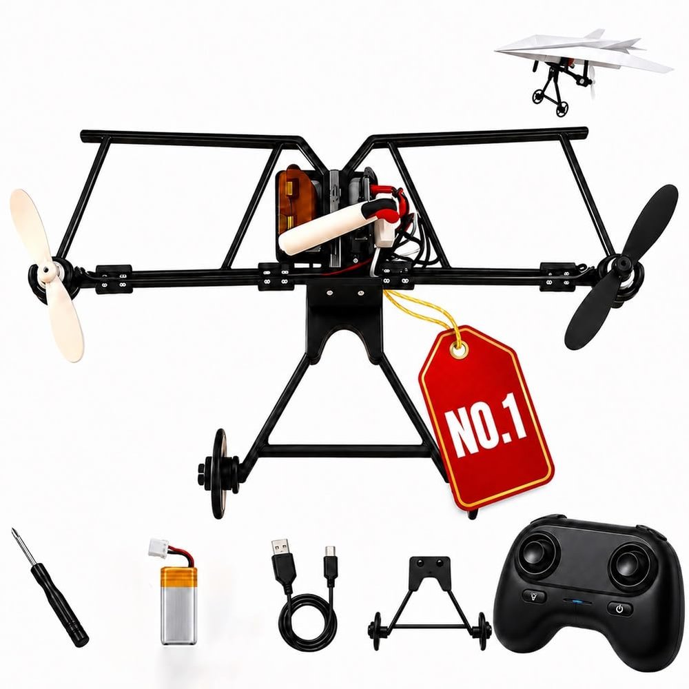 Posyyo Rc Paper Airplane Kit with Gyro Stabilizer Powered Motor Paper Airplane Toys DIY Electric Remote Control Plane Kit with Dual Propellers Flight Lightweight Foldable Flying Toy