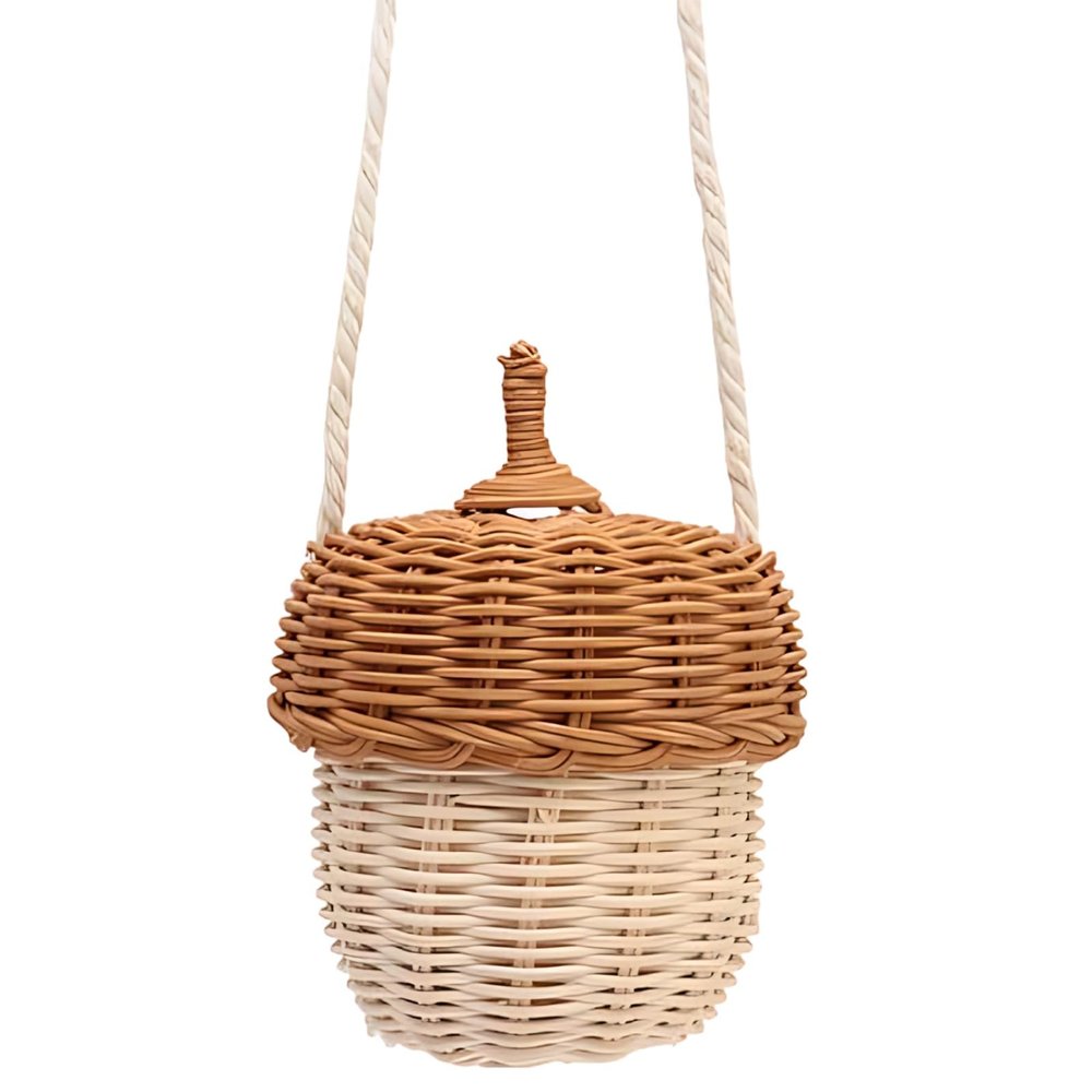 Acorn Basket, Hand Woven Rattan Storage Bag, Mini Crossbody for Youngsters, Cute Photography Prop, Brown, 3.9 x 2.8 in, with Cotton Rope