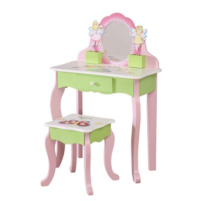 Grcfumo Toddler Vanity Set, Flower Fairy Wooden Dressing Table with Mirror & Chair for Girls Ages 3+ Playroom