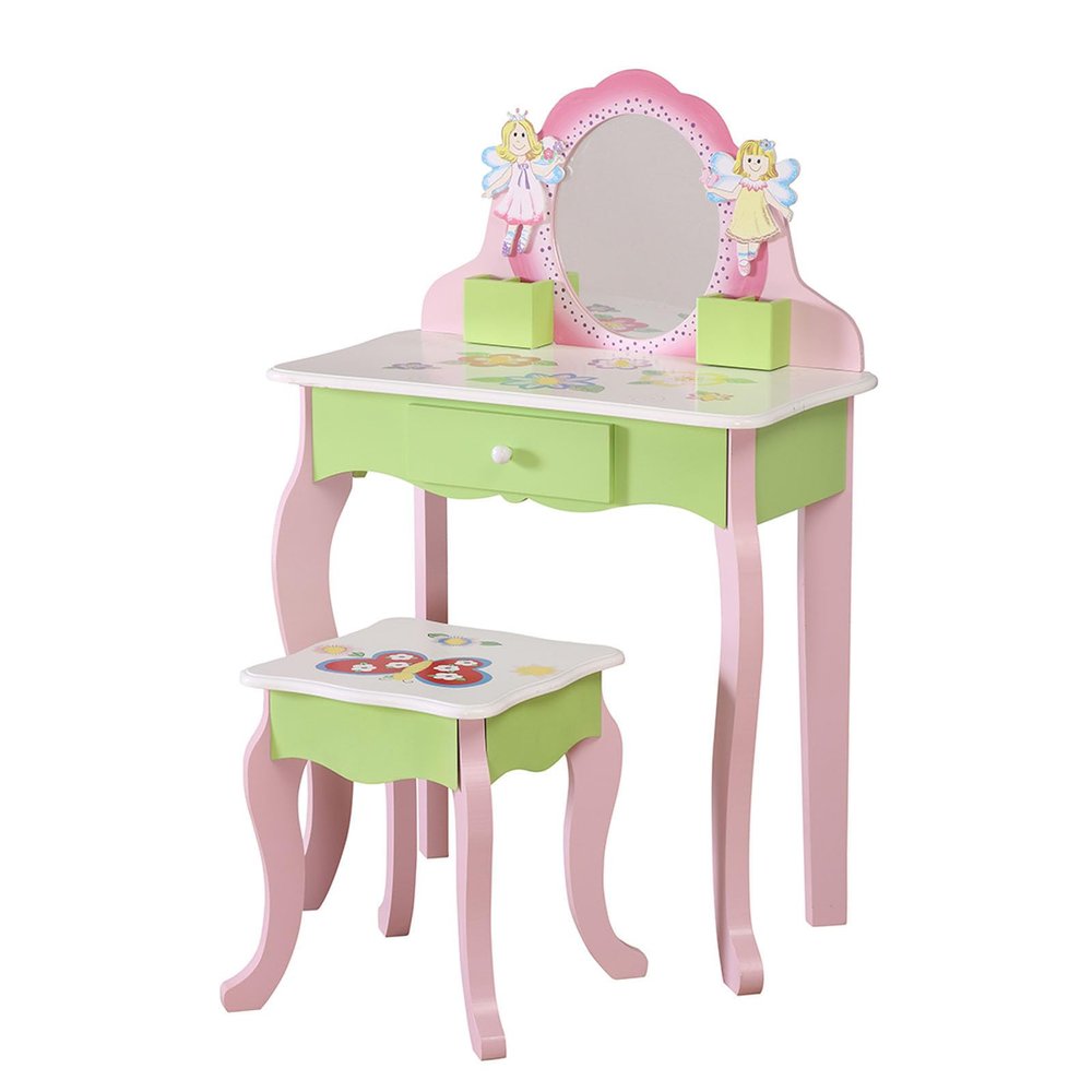 Grcfumo Toddler Vanity Set, Flower Fairy Wooden Dressing Table with Mirror & Chair for Girls Ages 3+ Playroom