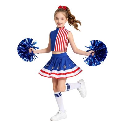 Zaldita Girls Fourth of July Dress Cheerleading Outfit Sleeveless Costume with Stars Skirt Pom Poms Socks and Headwear Blue Red White 6