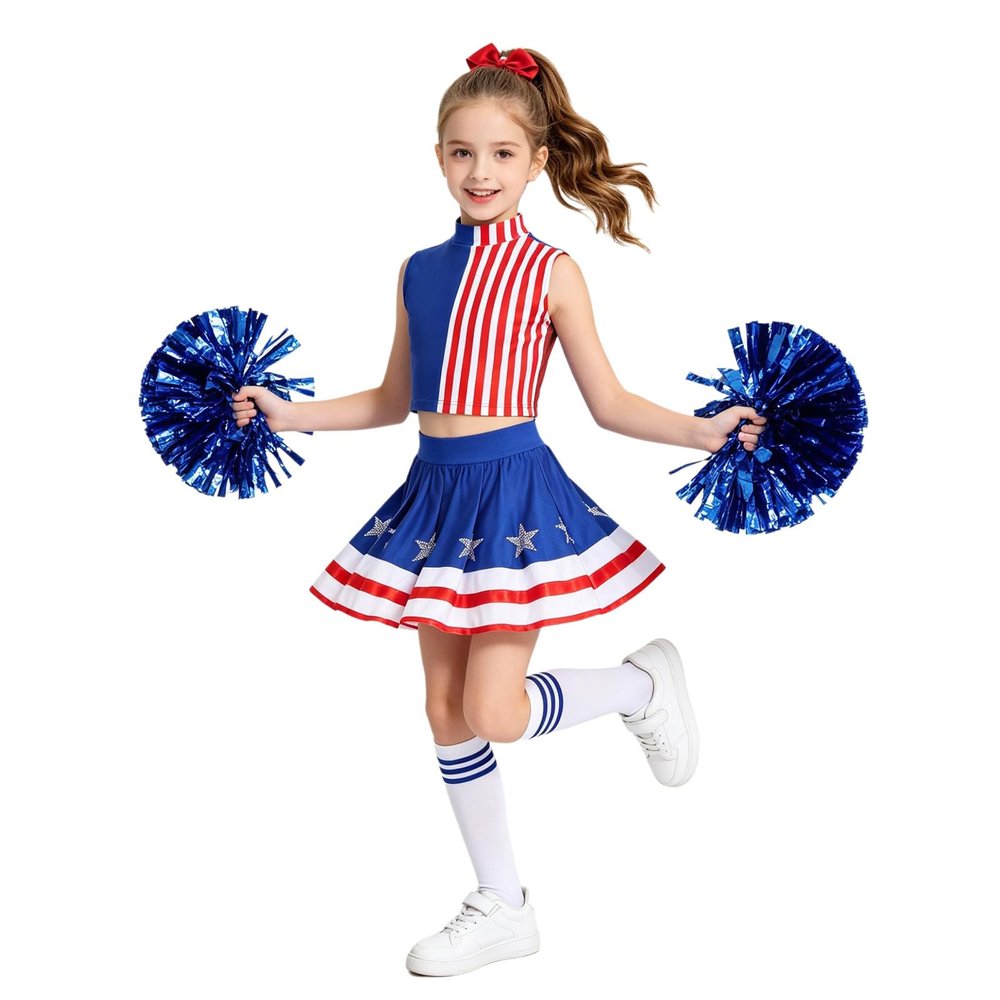 Zaldita Girls Fourth of July Dress Cheerleading Outfit Sleeveless Costume with Stars Skirt Pom Poms Socks and Headwear Blue Red White 6