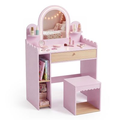 Costzon Kids Vanity with Lights, Girls Vanity Set with Mirror, Stool, Storage Drawer & Shelves, Toddler Makeup Vanity Desk Dressing Table, Wooden Kids Vanity Table and Chair Set