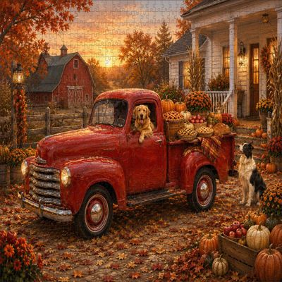 Autumn Harvest Red Vintage Truck Wooden Jigsaw Puzzle 1000 Pieces for Adults Golden Retriever and Border Collie Dogs Pumpkins Red Barn Rustic Farmhouse Scene Gift for Dog Lovers Home Decor