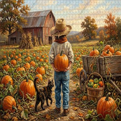 Child Standing in Pumpkin Field with Barn and Cat Rustic Oil Painting Style Wooden Jigsaw Puzzle 1000 Pieces for Adults Autumn Fall Harvest Thanksgiving Scenery Decor Country Living Enthusiasts Gifts