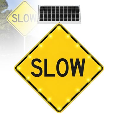 Solar Powered Flashing LED SLOW DOWN Sign 24"/30" Aluminum All-Weather Traffic Calming Sign For Neighborhood Road & Parking Lot Safety(1pack,24in)