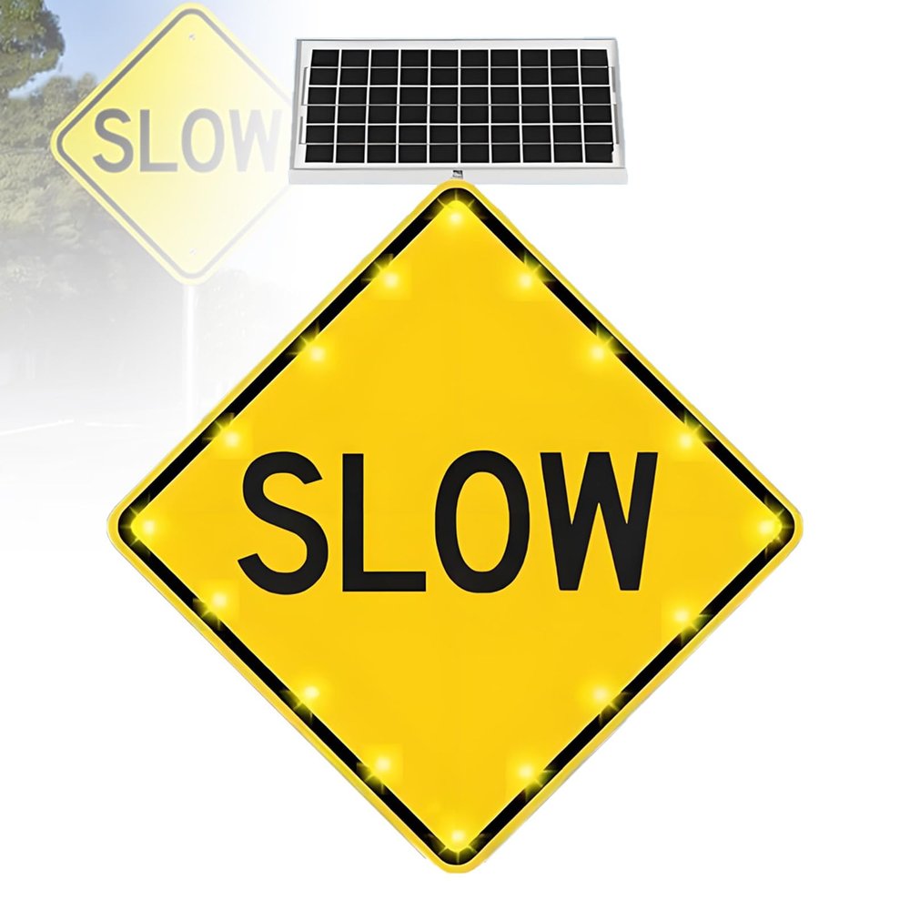Solar Powered Flashing LED SLOW DOWN Sign 24"/30" Aluminum All-Weather Traffic Calming Sign For Neighborhood Road & Parking Lot Safety(1pack,24in)