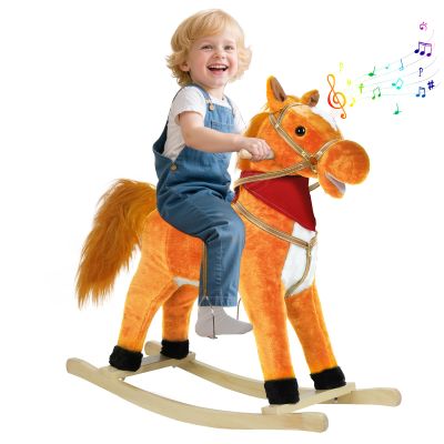 Baby Rocking Horse, Stuffed Plush Ride On Horse with Realistic Sound & Music, Wooden Plush Animal Rocker Toy for Toddlers 1-6 Years Old, Stuffed Animal Rocking Chair Gifts for Kids (Light Brown, L)