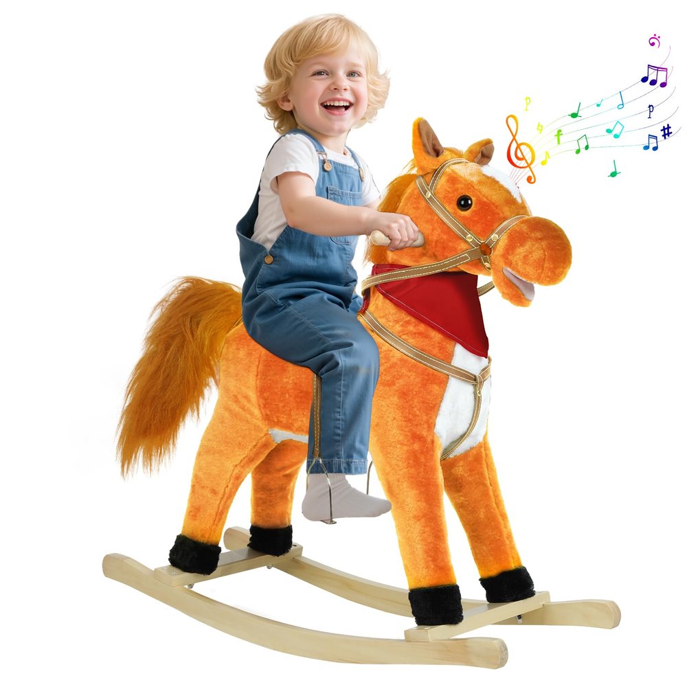 Baby Rocking Horse, Stuffed Plush Ride On Horse with Realistic Sound & Music, Wooden Plush Animal Rocker Toy for Toddlers 1-6 Years Old, Stuffed Animal Rocking Chair Gifts for Kids (Light Brown, L)
