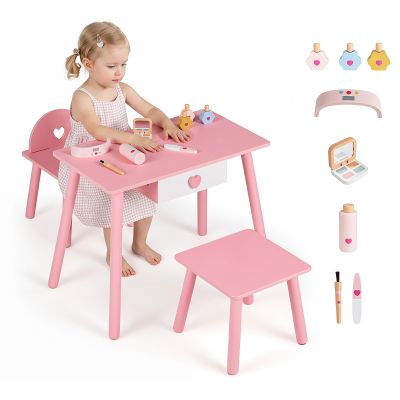 Costzon Kids Pretend Nail Salon Wooden Playset, Toddler Manicure Vanity Table & Chair Set with Stool, Storage Drawer & 8 Pcs Beauty Accessories (Eyeshadow Palette, Nail Dryer, Polish) for Little Girls