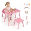 Costzon Kids Pretend Nail Salon Wooden Playset, Toddler Manicure Vanity Table & Chair Set with Stool, Storage Drawer & 8 Pcs Beauty Accessories (Eyeshadow Palette, Nail Dryer, Polish) for Little Girls view 1