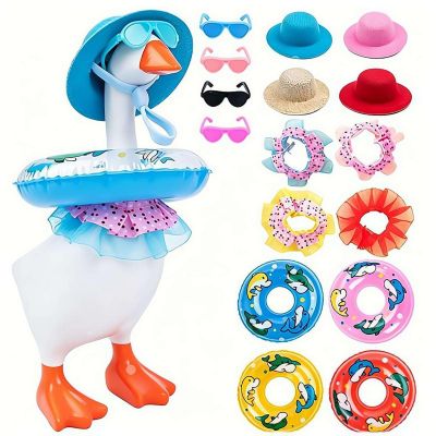 Desk Goose Outfits for 7 Inch Mini Porch Statues, Summer Clothes with Hats Sunglasses Swimming Ring Dresses, Funny Costume for Magnetic Geese Key Holder, Cute Table Home Decor Gift for Friends