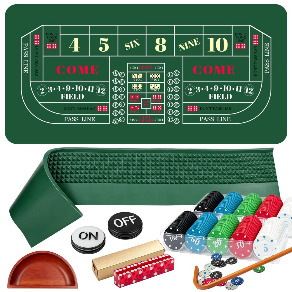 Craps Table Top Game Set with 35x70 Mat, Diamond Bumper, 200 Chips(Green)