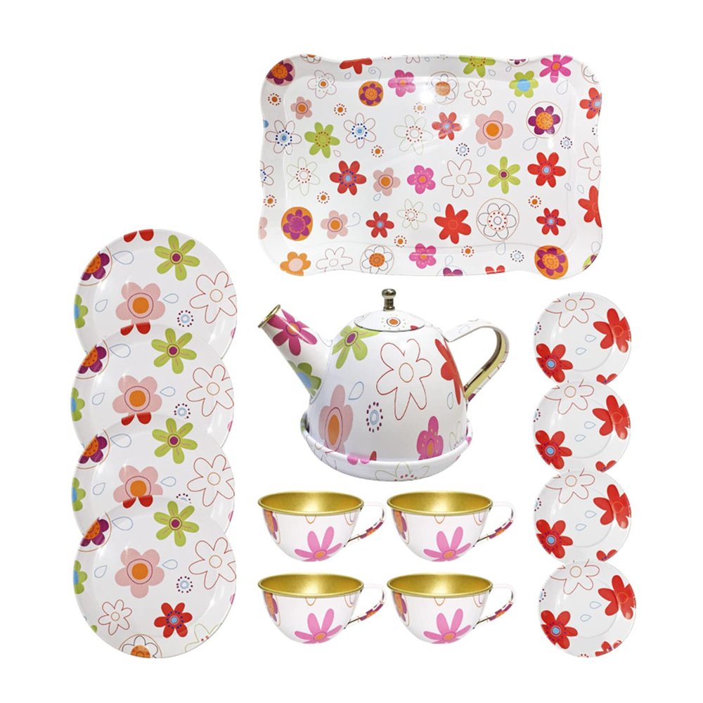 14-Piece Pretend Teapot Set Tea Party Kitchen Pretend Playset Toy Metal Kitchenware Tea Cups Dishes Accessories