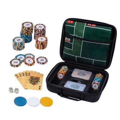 BANGZE GAMES Compact Portable Poker Collection Standard Model with Two Dual-Sided Casino Game Felts, 100 Premium Clay Chips, Water Resistant Cards & Glow Dice with EVA Carry Gift Box