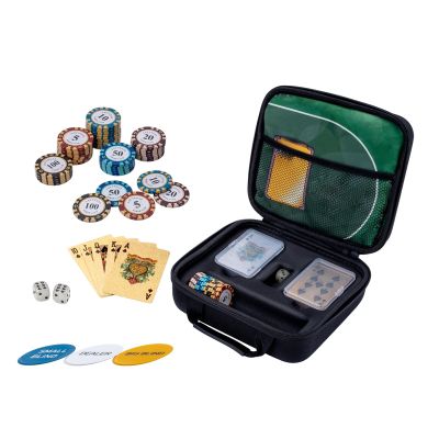 BANGZE GAMES All-in-One Portable Poker Set with Dual-Faced Casino Felt for Travel, Lite Edition 50 Clay Chips, Waterproof Cards, Luminous Dice, Packed in Durable EVA Case