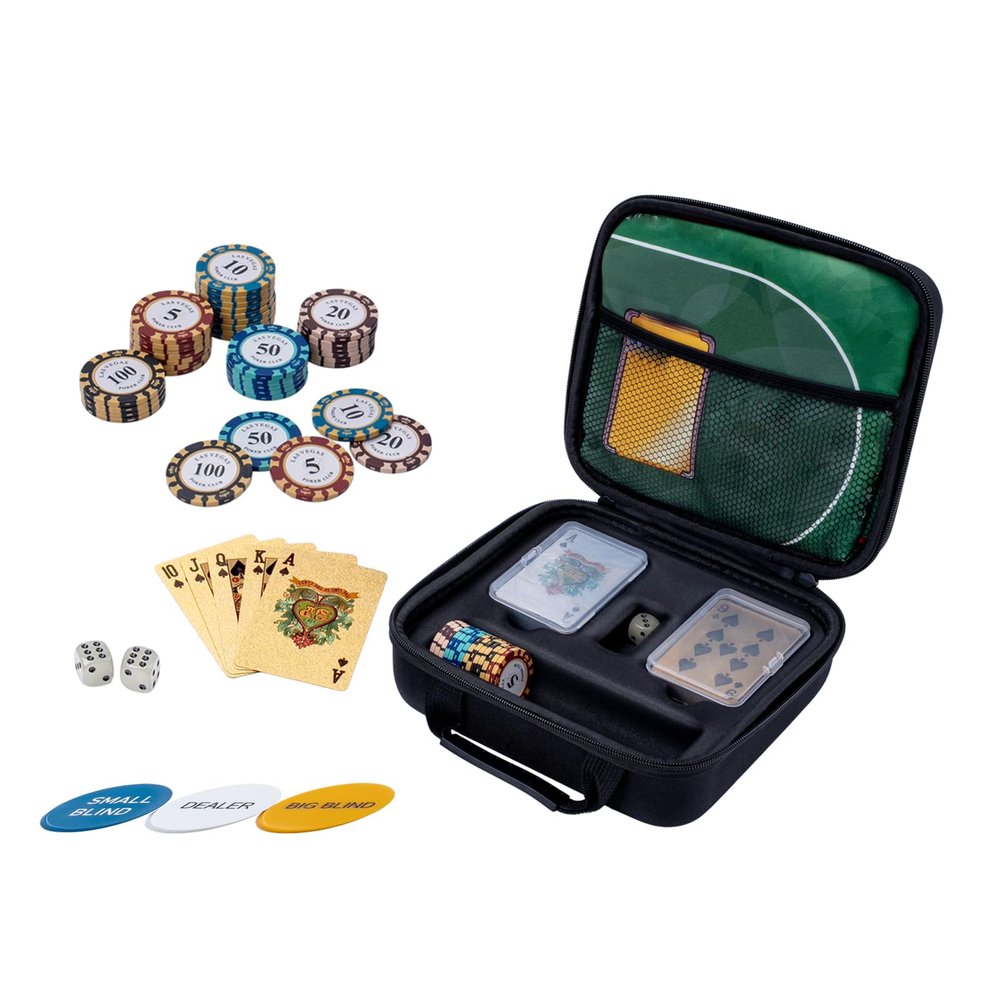 BANGZE GAMES All-in-One Portable Poker Set with Dual-Faced Casino Felt for Travel, Lite Edition 50 Clay Chips, Waterproof Cards, Luminous Dice, Packed in Durable EVA Case