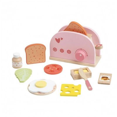 predolo Wooden Bread Maker Toy Rounded Edges Wooden Pretend Cooking Set Painted Wood Finish for Children , Pink