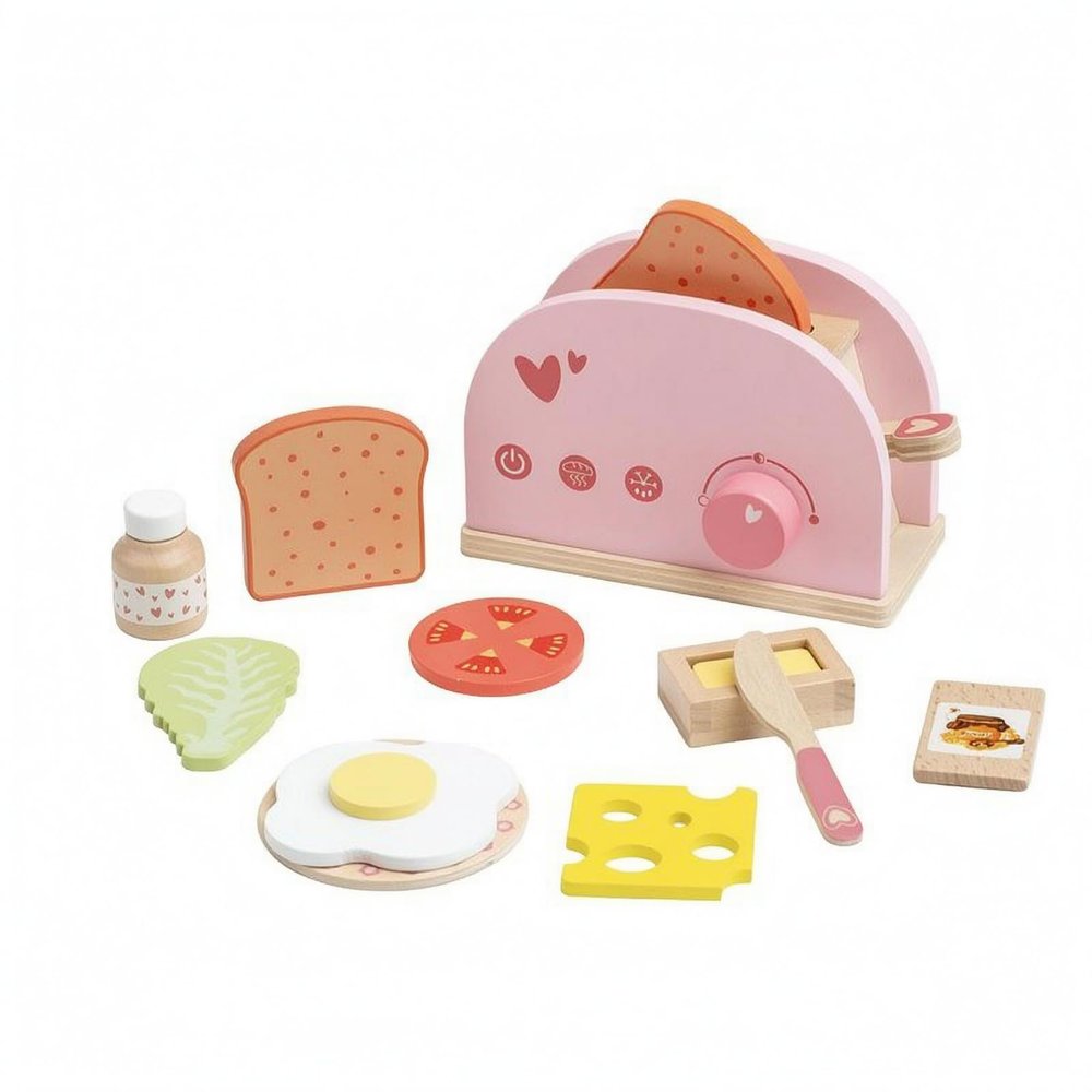 predolo Wooden Bread Maker Toy Rounded Edges Wooden Pretend Cooking Set Painted Wood Finish for Children , Pink