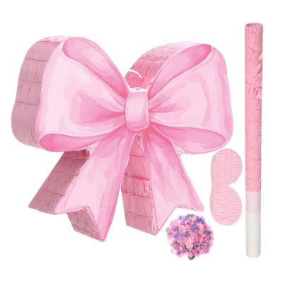 SHINEOFI Pink Bow Piata with Stick, Blindfold, And Confetti Decorative Ribbon Bow Piata for Girls' Birthday Parties, Weddings, And Baby Showers Decorations
