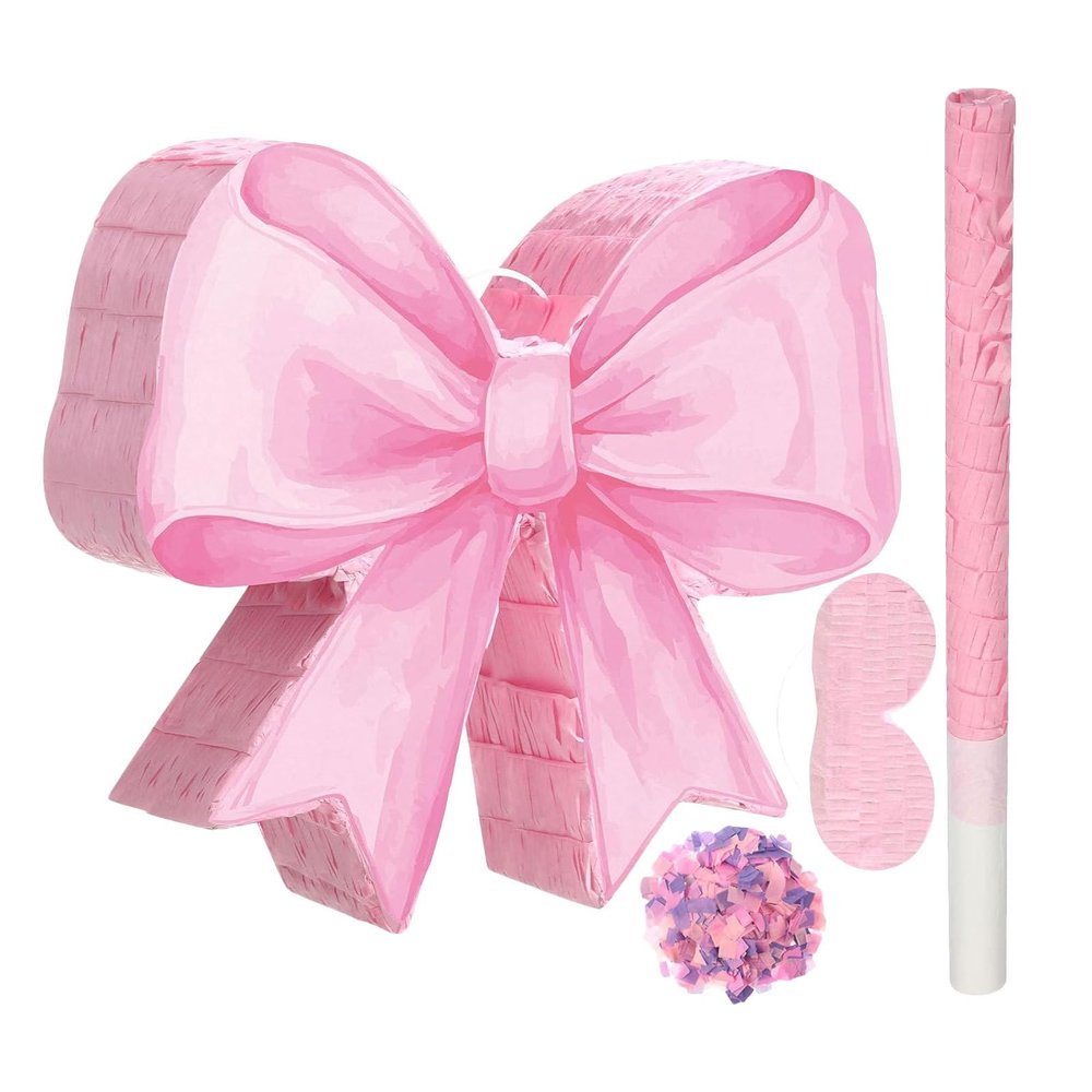 SHINEOFI Pink Bow Piata with Stick, Blindfold, And Confetti Decorative Ribbon Bow Piata for Girls' Birthday Parties, Weddings, And Baby Showers Decorations