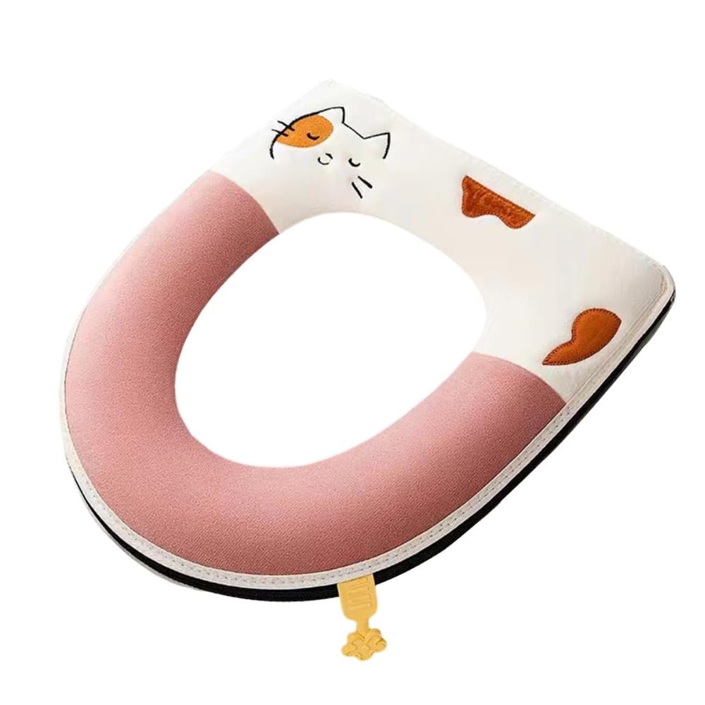 Pink Cat Toilet Seat Cover with Handle - Soft, Breathable, Washable Winter Cushion - Fully Enclosed Toilet Warmer for Home Bathroom Comfort