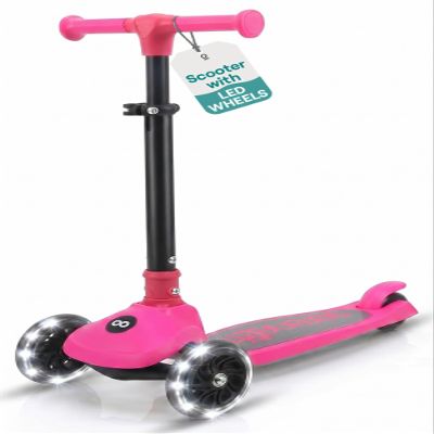 SereneLife 3 Wheel Scooter for Toddlers and Kids Foldable Kid Scooter with LED Wheels, Adjustable Handlebar, Rear Brake, Anti-Slip Deck Kids 3 Wheel Scooter for Ages 37, Up to 110 lbs, Pink