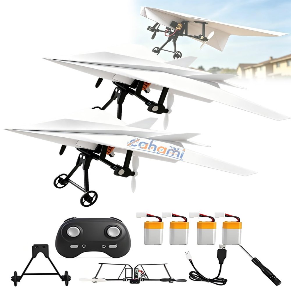 Rc Paper Airplane Kit with Gyro Stabilizer, DIY Electric Remote Control Plane with Dual Propellers, Paper Airplane Motor Kit, Foldable Lightweight Glider STEM Toy for Outdoor Beginner Hobby Flyers