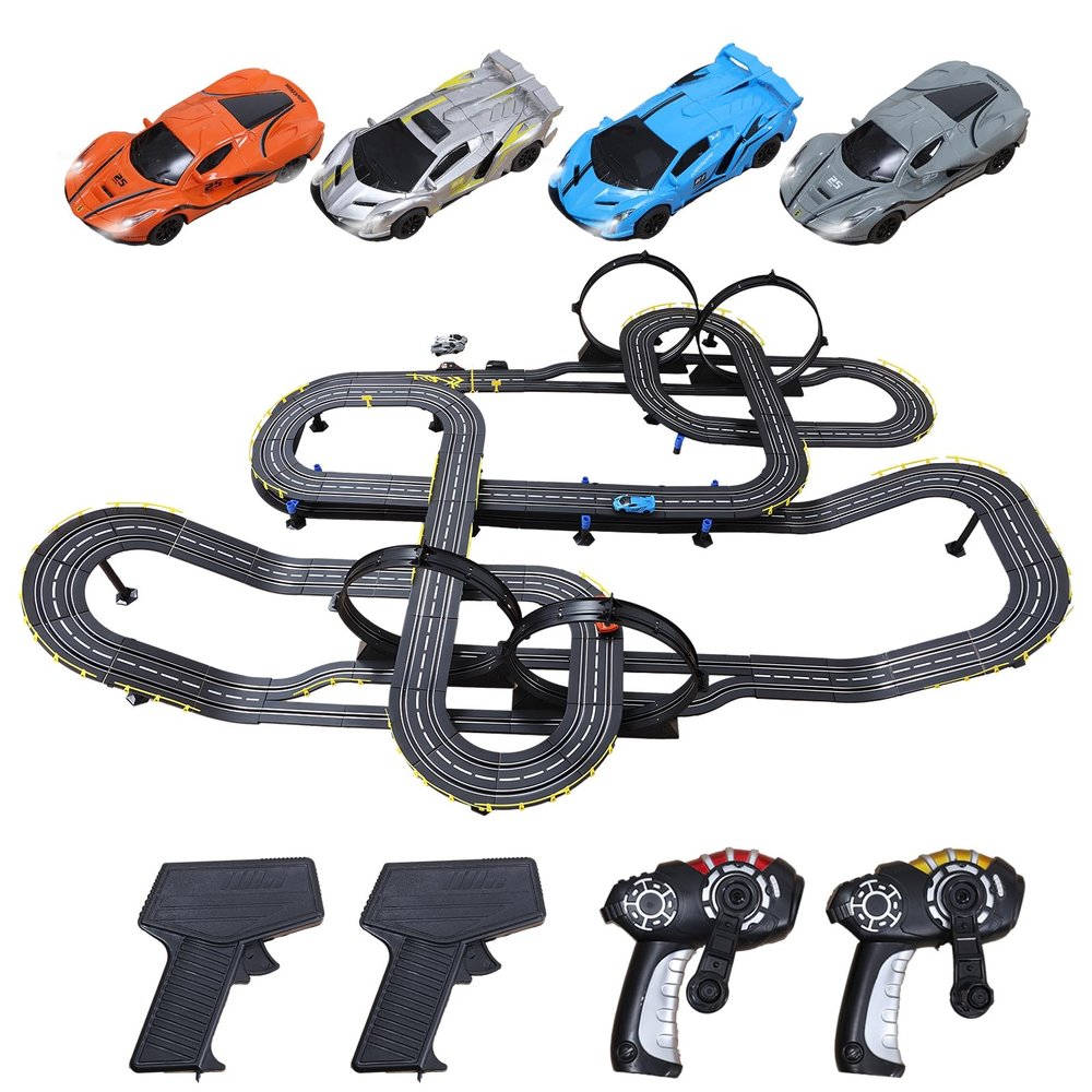 Electric Slot Car Race Track Set for Kids, High Speed RC with Flyovers & Banked Turns, 29ft Remote Control Racing Toy for Boys Girls Ages 8-10 Black