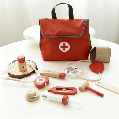 Jessruly Red Doctor Set Wooden Simulation Medical Simulation Educational Kit with Medicine Chest for Role Play and Early Learning Development