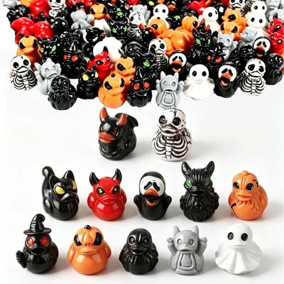 Halloween Mini Duck Figurines, 12 Assorted Bulk Devil Ghost Skeleton Pumpkin Designs, Small Resin Ducks for Halloween Party Decor, Trick or Treat Gifts, Miniature Crafts and DIY Decorations(24Pcs)