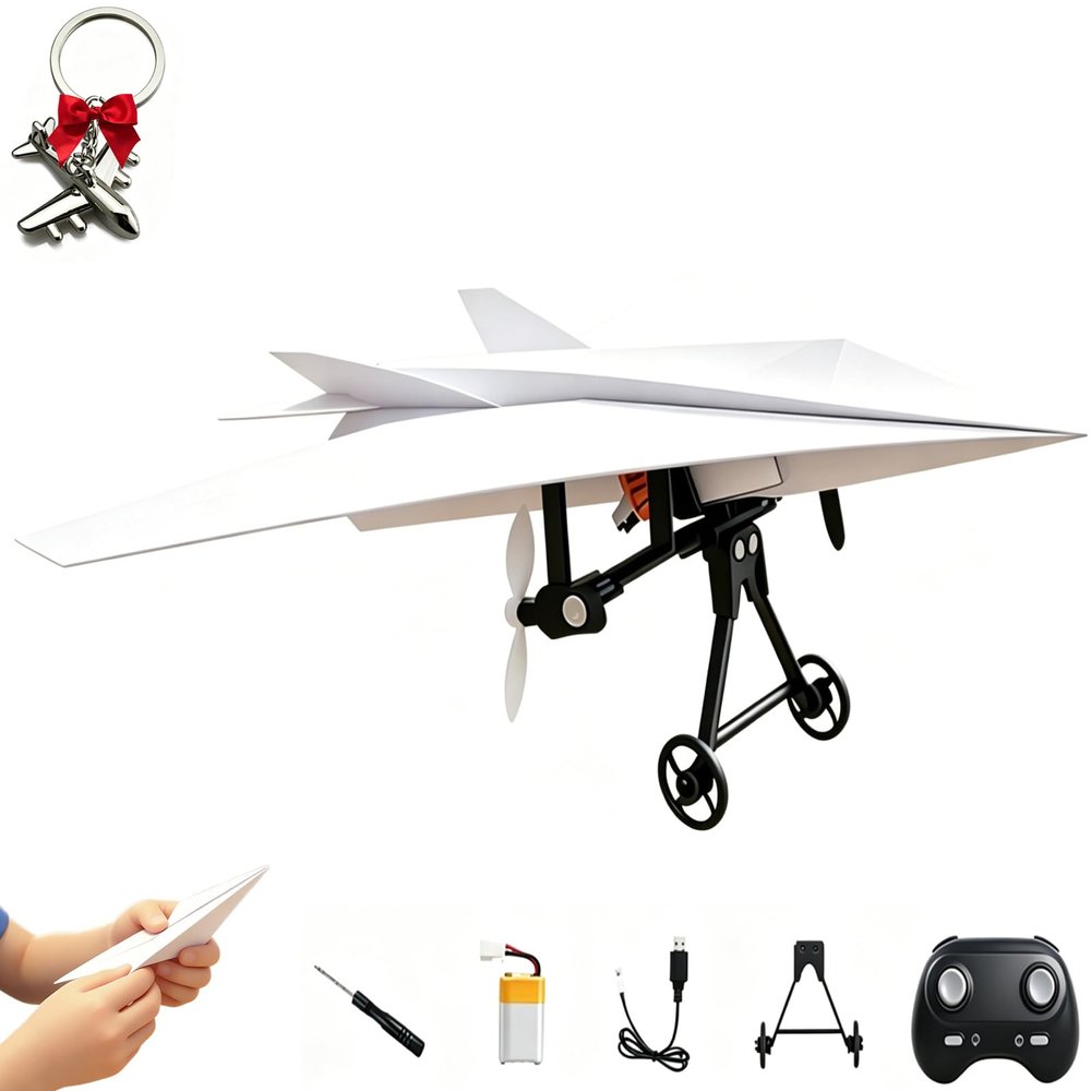 Rc Paper Airplane Kit with Gyro Stabilizer, DIY Electric Remote Control Plane with Dual Propellers, Lightweight Foldable Flying Glider Tool, Micro Fixed Wing Drone for Hobbyists Beginner (1PCS)
