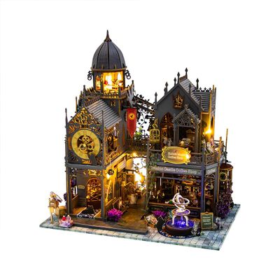 DIY 3D Wooden Puzzle Castle Kit, Huoluo Castle Miniature House Assembly Model with LED Lights, Dust Cover & Detailed Scene for Adults Enthusiasts