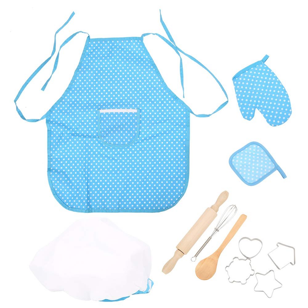 Chiyyak 11Pcs Kids Baking Set Blue Chef Apron Hat Oven Glove Whisk Rolling Pin Cake Molds (Blue 11 Piece Set)