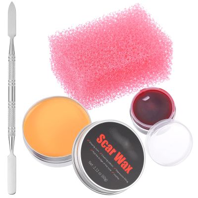 Uonlytech 4pcs Halloween Scar Wax Blood Kit with Fake Blood Gel and Spatula for Wound Modeling, Safe and Healthy Special Effects Makeup Tool Set for Halloween and Theme Party